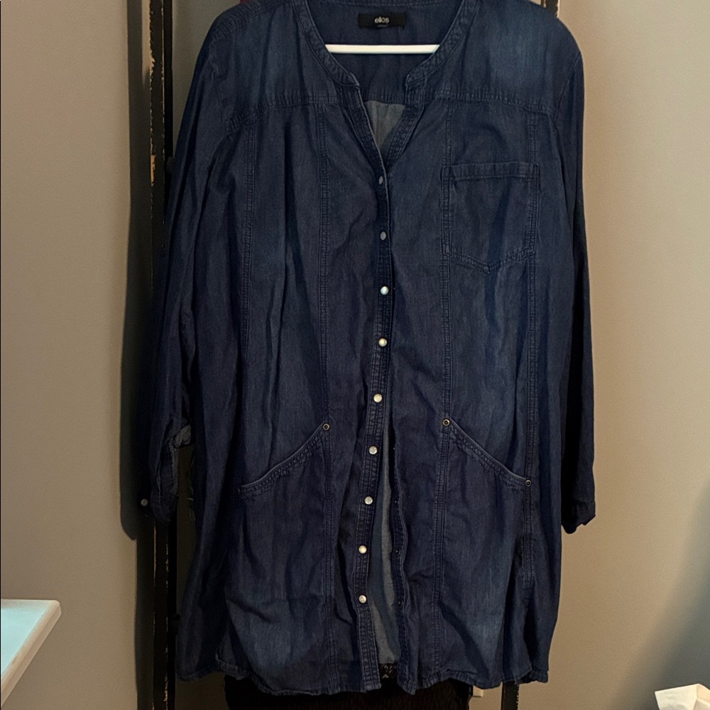 ellos Navy Long Button-Front Denim Jacket